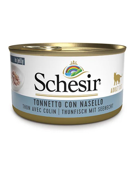 Schesir lata gato atún y merluza (en gelatina) 85g.