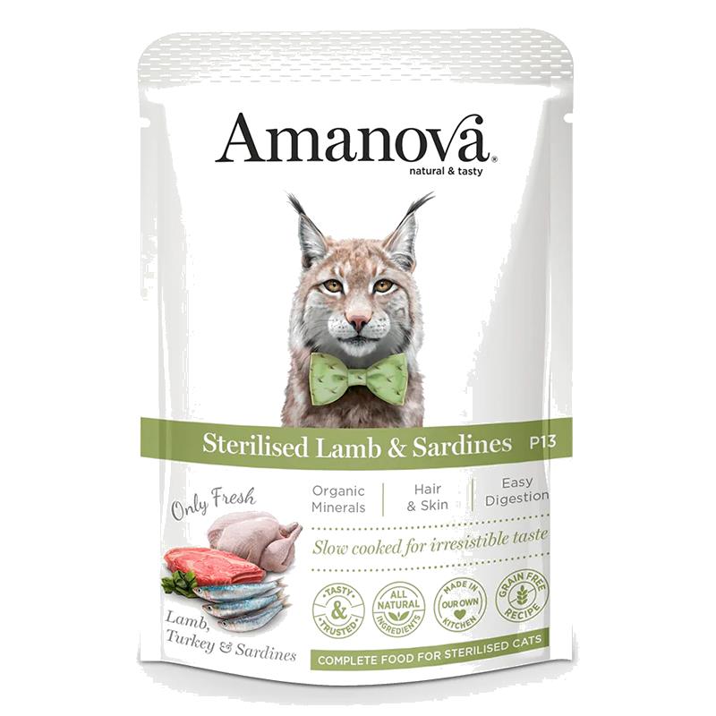 Amanova sobre esterilizado gato cordero y sardina 85gr