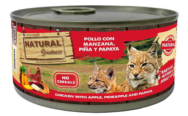 Natural Greatness Pollo con Manzana, Piña y Papaya para Adulto y Gatito 185g