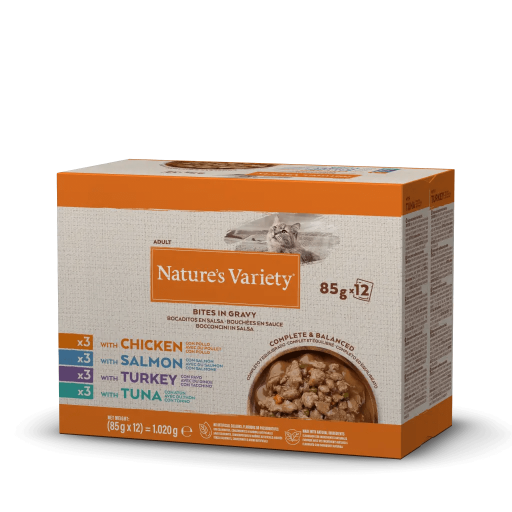 Nature's Variety Bocaditos en salsa Pollo Salmon Pavo Atún 85gx12